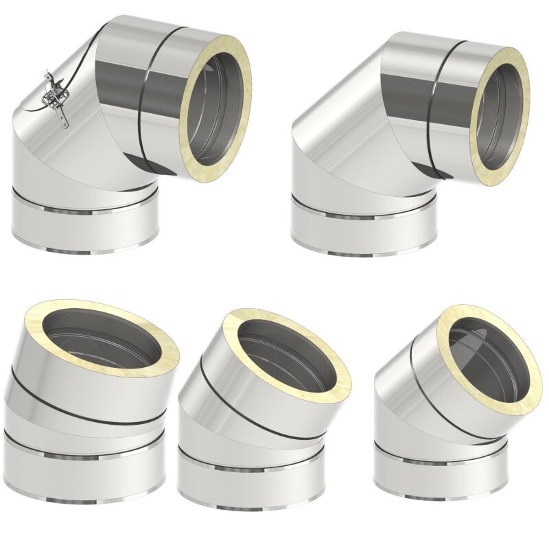 Edelstahl-Schornstein Bogen Edelstahl-Winkel Doppelwandig 30 mm ISO 15 30 45 90° 130 Innen, 190 Außen 90°