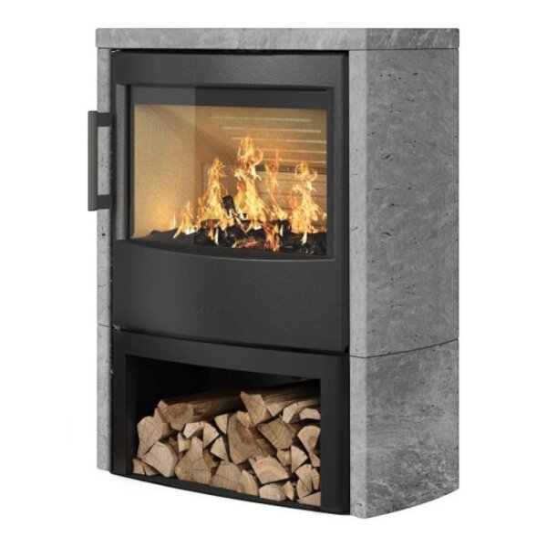 Kaminofen WIKING Maxi 4 - mit Natursteinverkleidung grau und offenes Holzfach